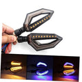 Motorcycle LED turn signal lights, black housings, clear lenses, amber LED strip glow