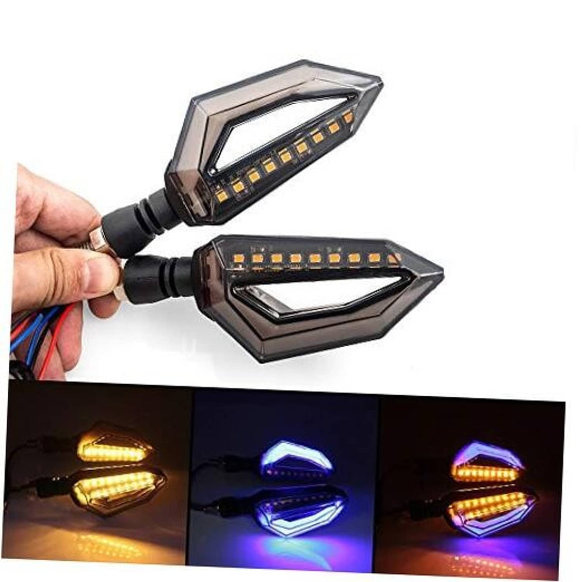 Motorcycle LED turn signal lights, black housings, clear lenses, amber LED strip glow