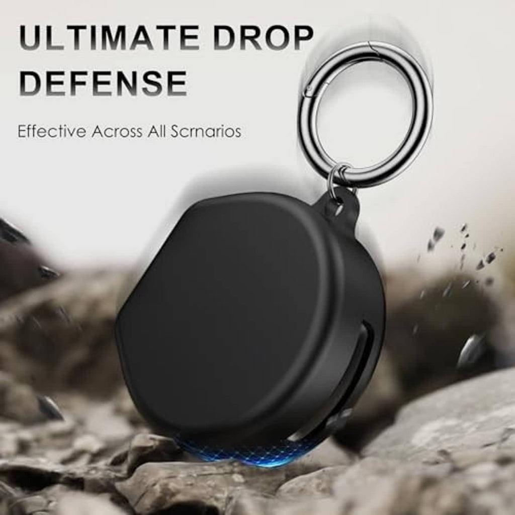 Black silicone charging case cover with metal keyring, lid closed