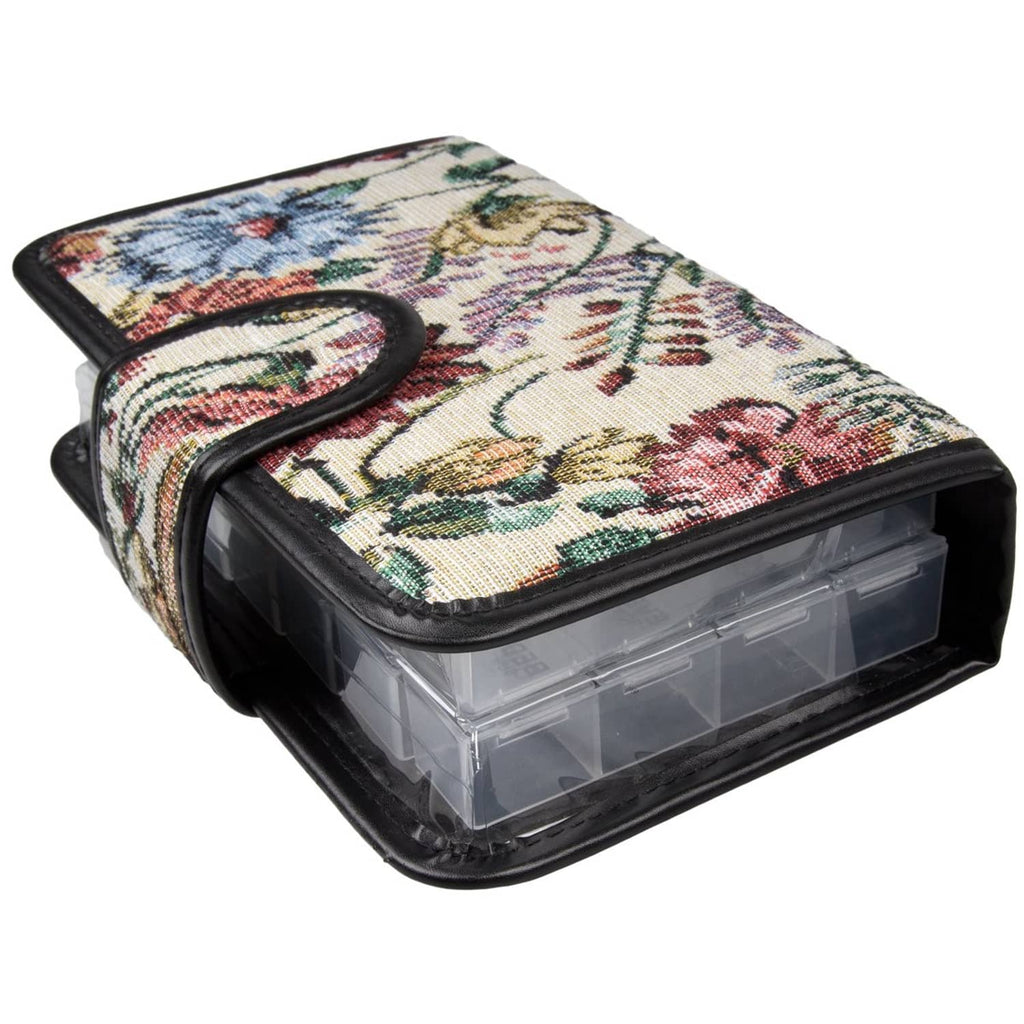 Floral pill organizer case with clear compartment window and black fabric border, closed