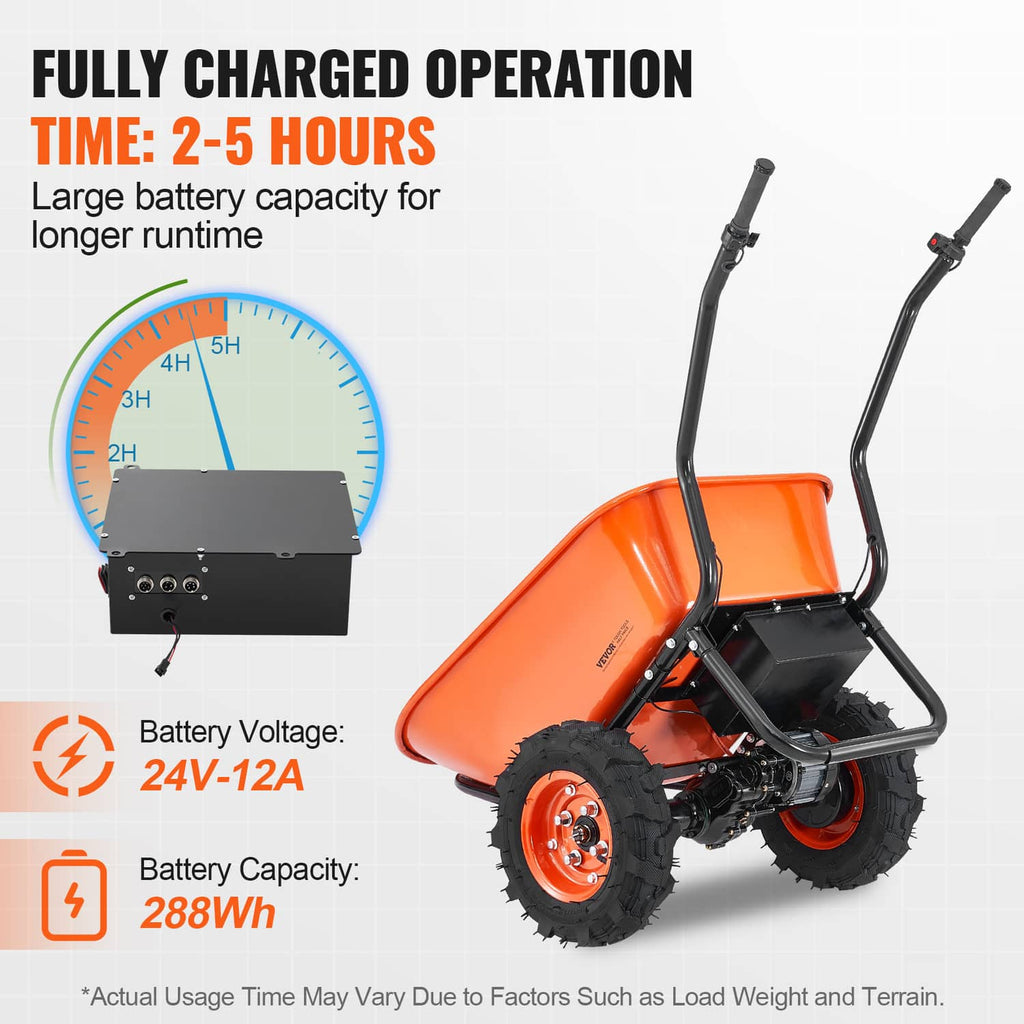 Orange electric wheelbarrow cart with black frame and orange wheel rims
