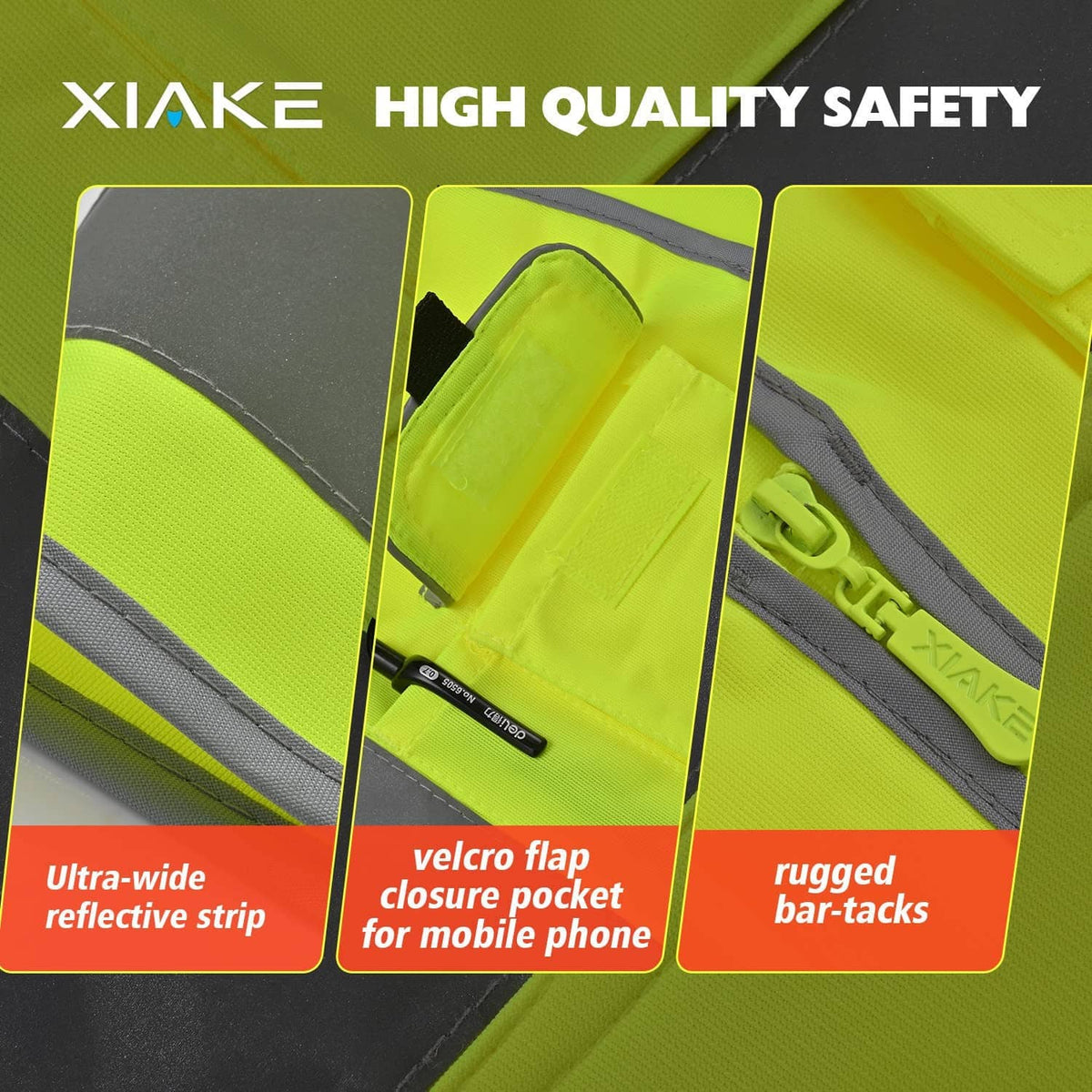 Neon yellow safety vest with reflective strip and velcro flap pocket detail