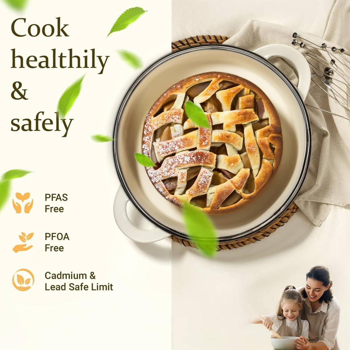 Cream enameled Dutch oven with dark rim, filled with sliced vegetables