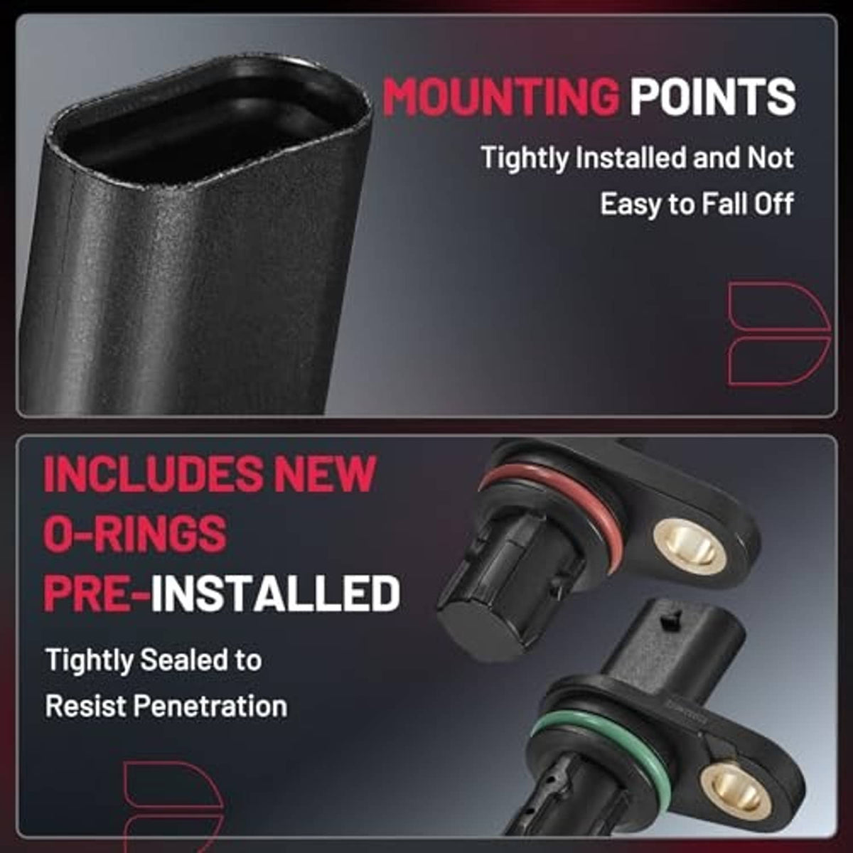 Camshaft position sensor with black housing, pre-installed O-rings, and mounting flange