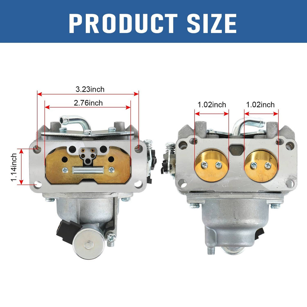 Carburetor showing front and side views, with gold throttle plate and mounting holes