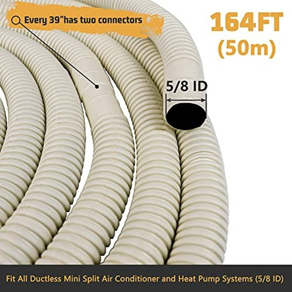 Cream mini split drain hose with 5/8 ID and ribbed tube loops, 164 ft shown