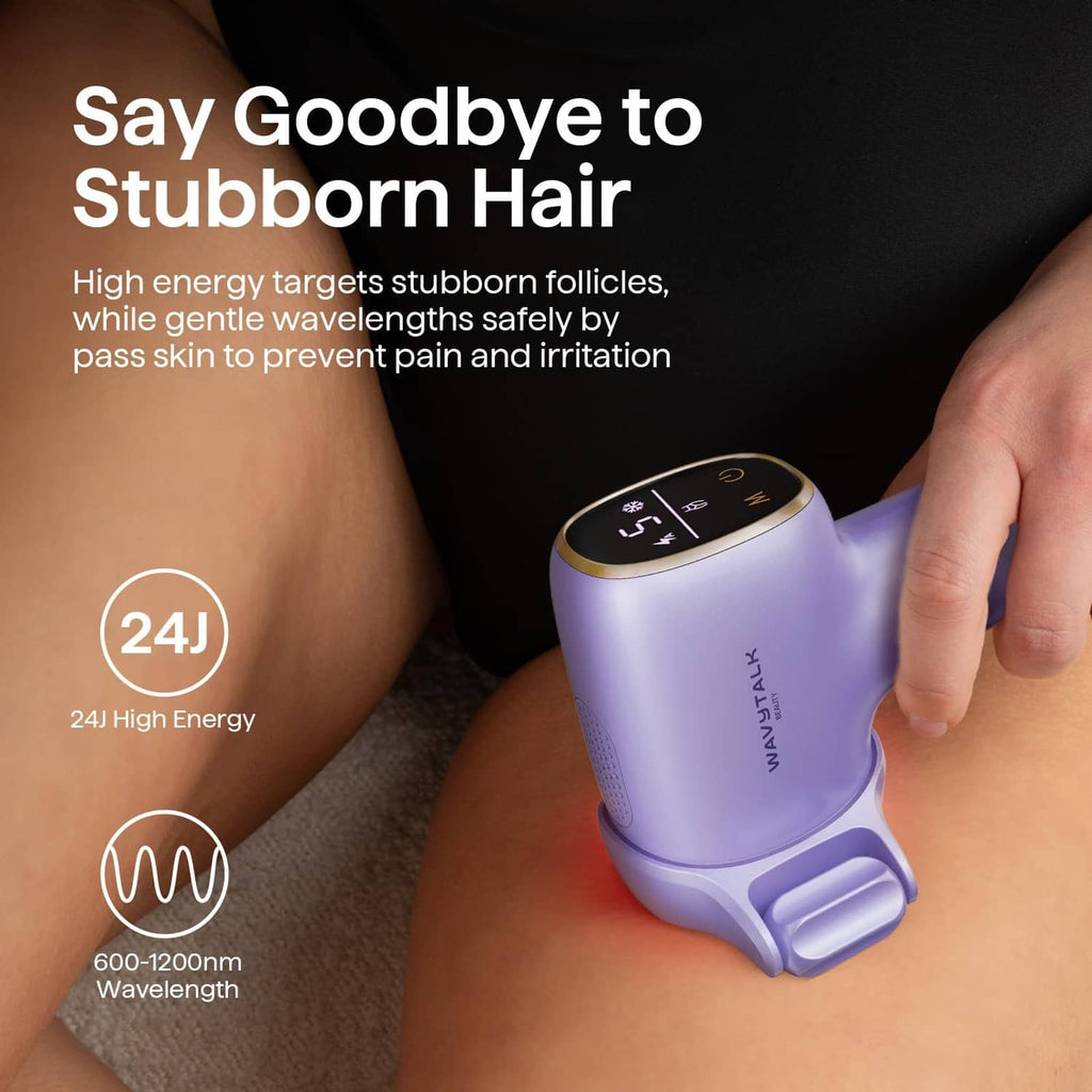 Wavytalk purple IPL hair removal device pressed to upper leg
