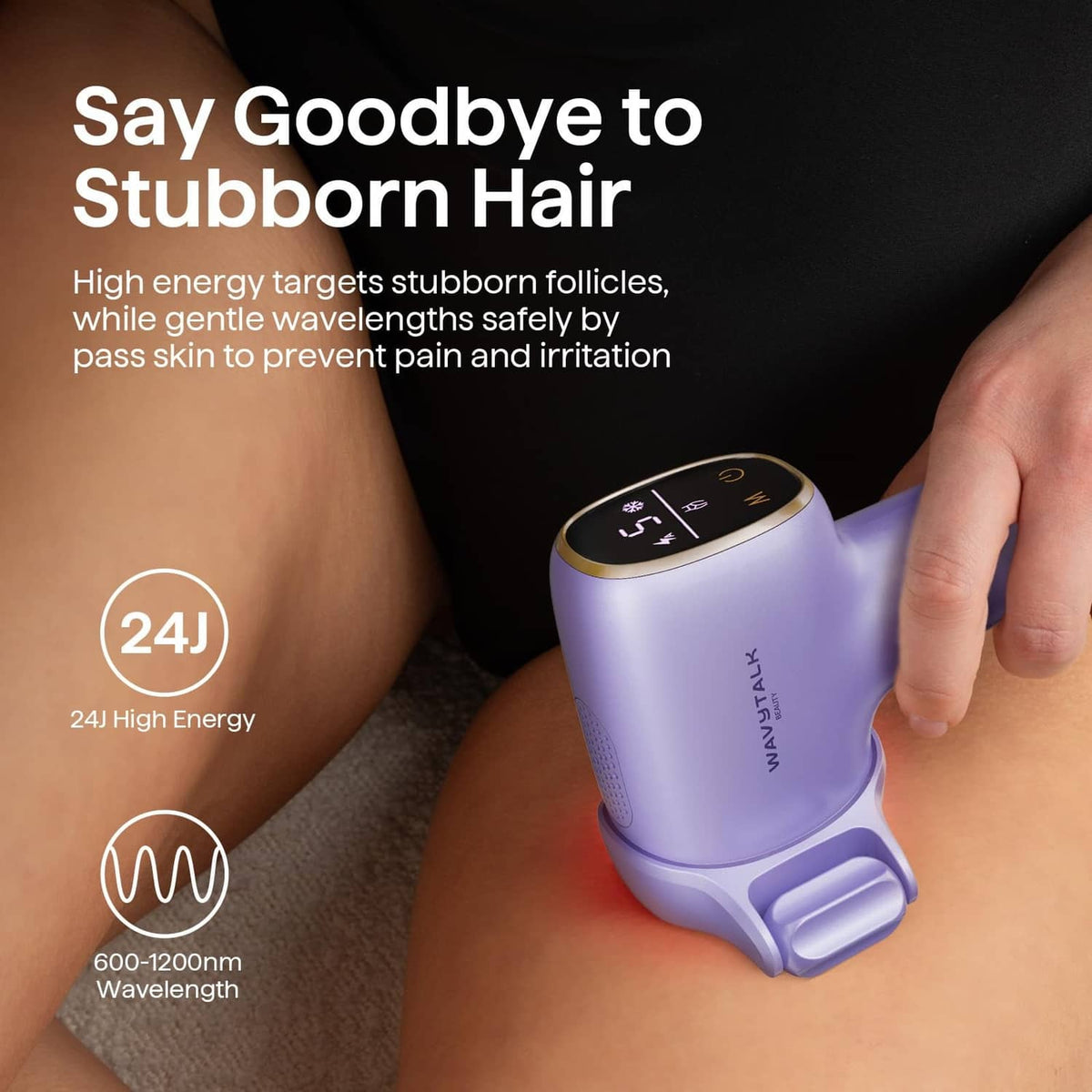 Wavytalk purple IPL hair removal device pressed to upper leg