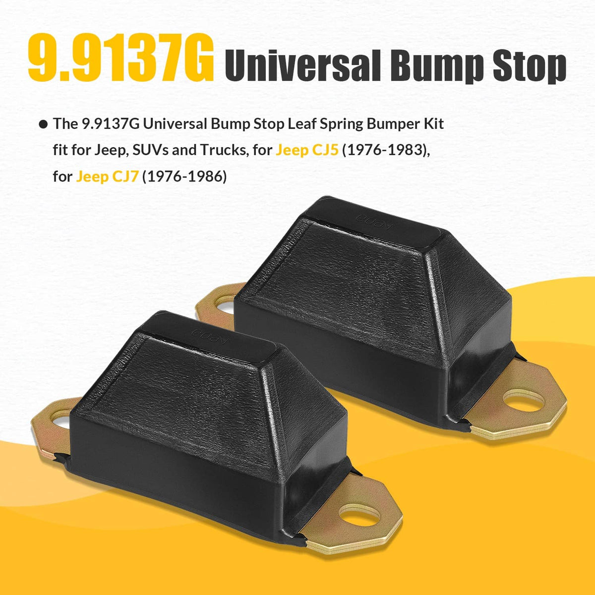 Universal bump stop set showing two black rubber bump stops with mounting brackets