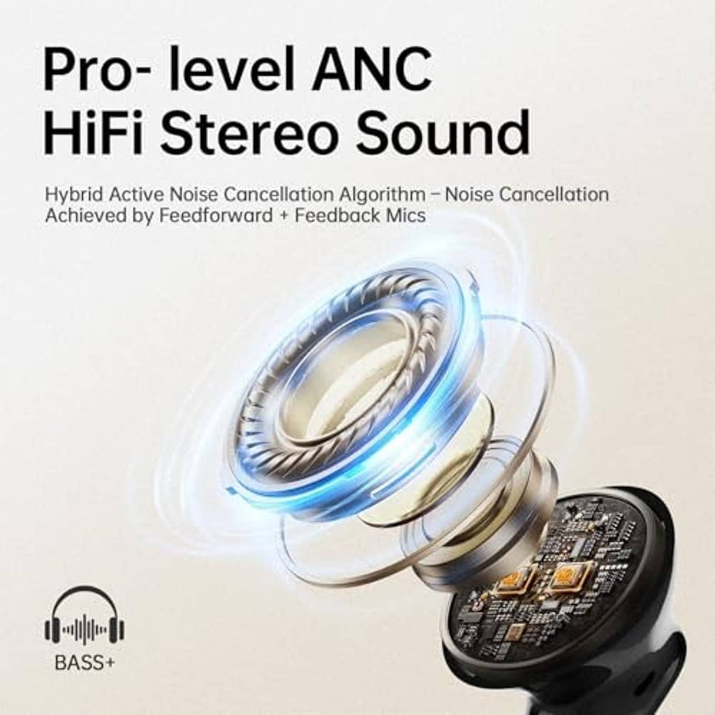 Black wireless earbuds with glowing sound wave graphic