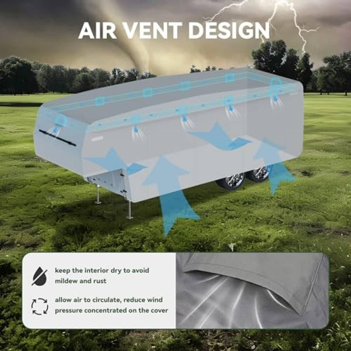 5th wheel RV cover air vent design with vent openings for airflow and wind pressure