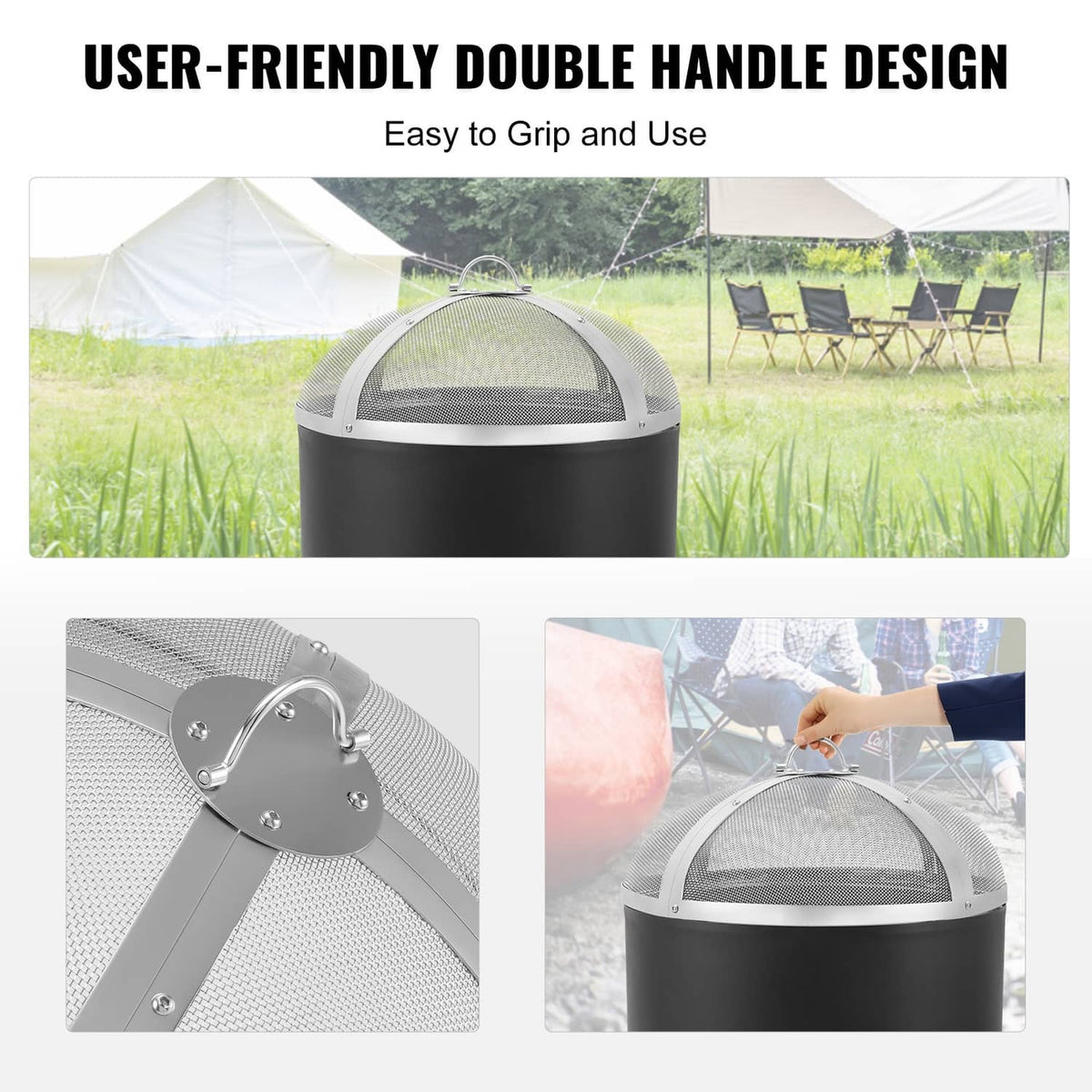 Firepit spark screen cover with double-grip handle and domed mesh top