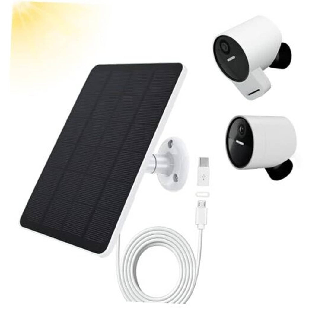 Portable solar panel kit with dark front and white back, plus camera mount and cable
