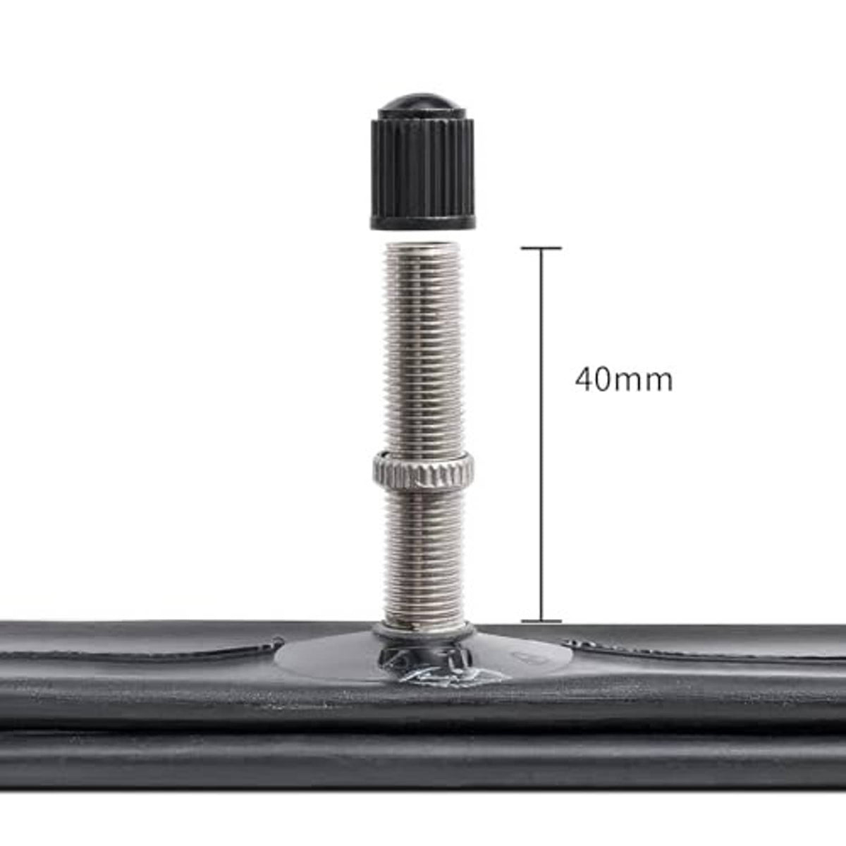 Schrader valve stem with threads on black bike inner tube, about 40mm tall