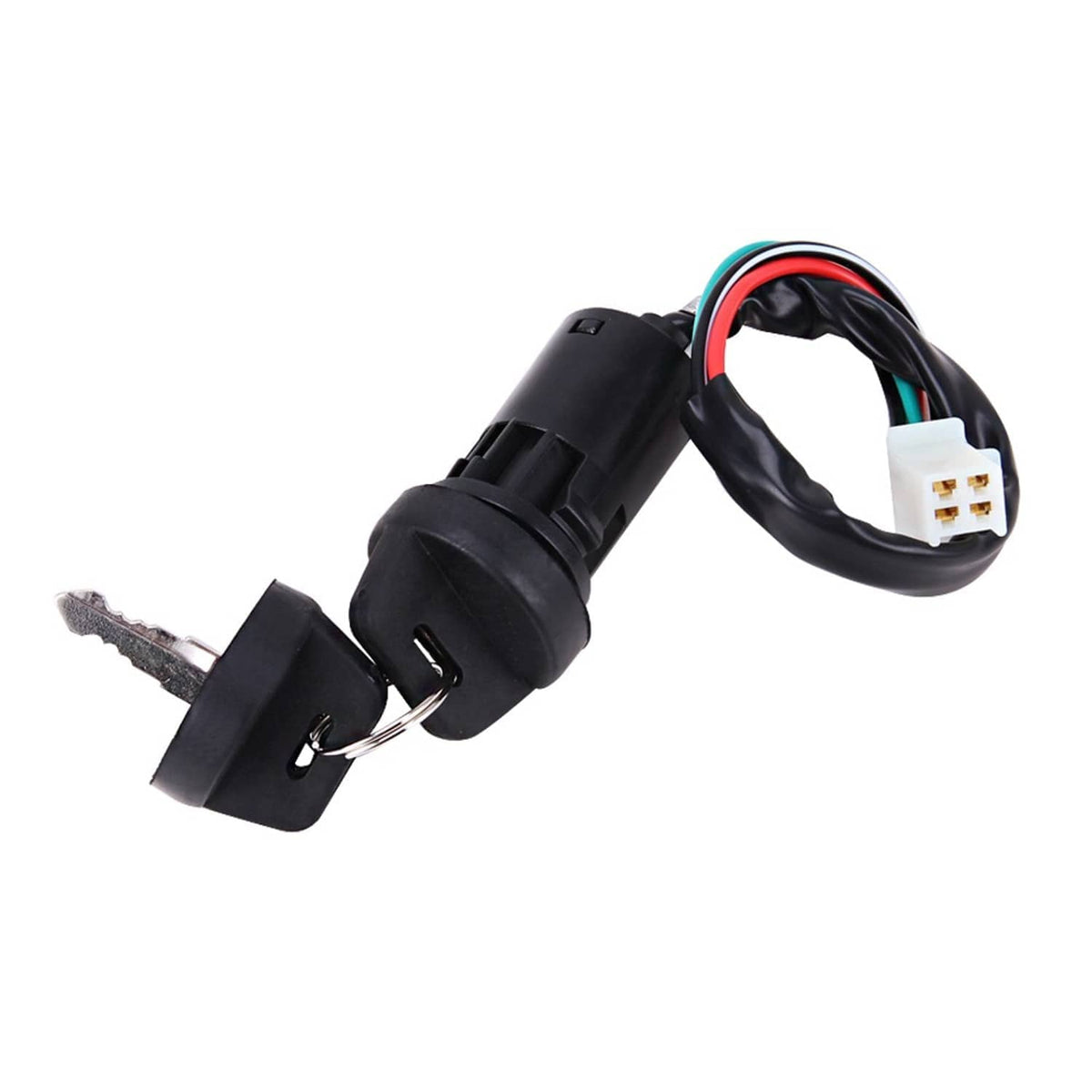 Ignition key switch with two keys and 4-wire plug connector, black plastic body
