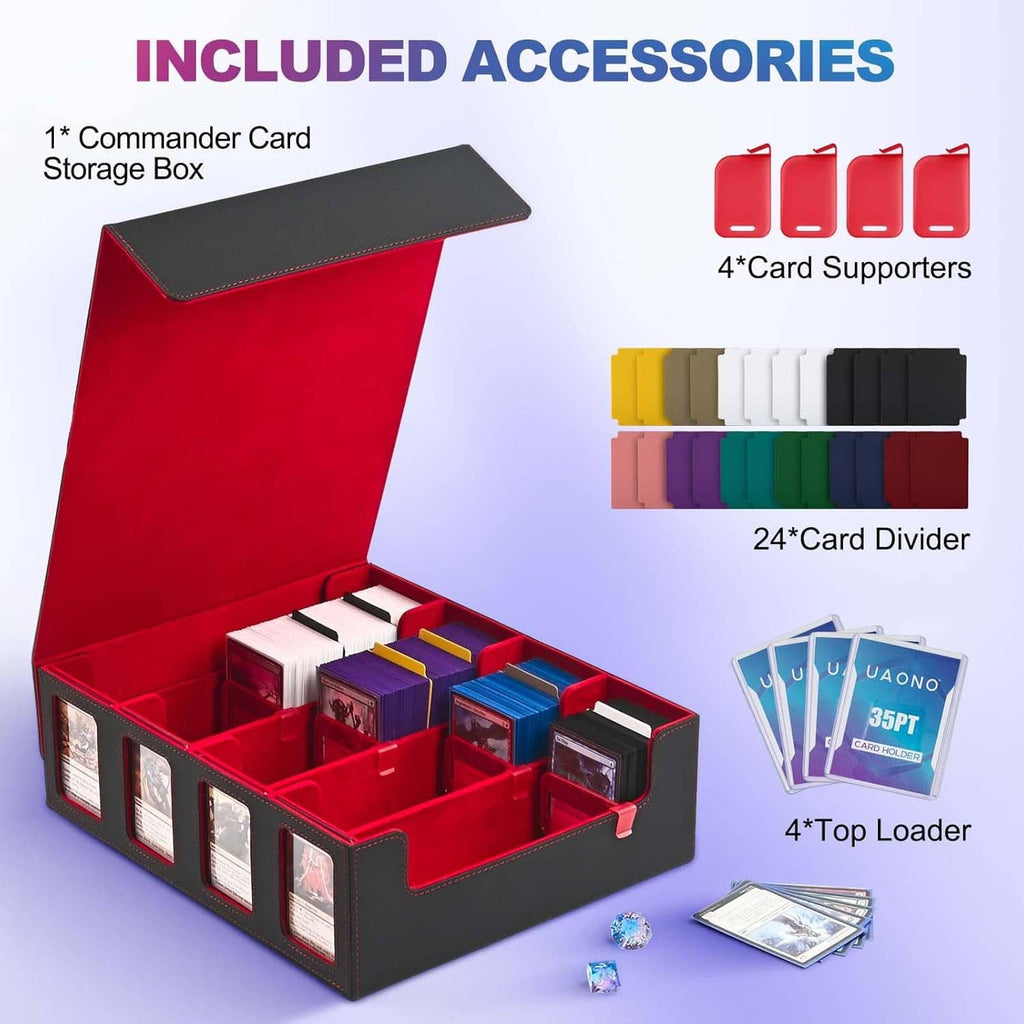 Red and black commander card storage box with card dividers and support accessories