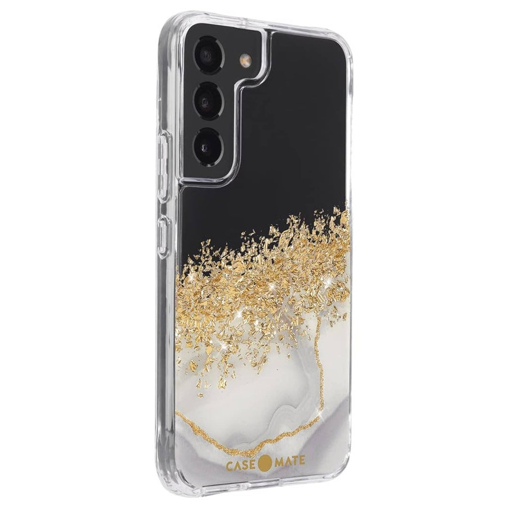 Transparent phone case with gold marble swirl design and camera openings for Samsung Galaxy S22