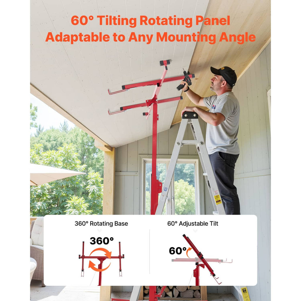 Red drywall hoist with tilting rotating base for adjustable mounting angles