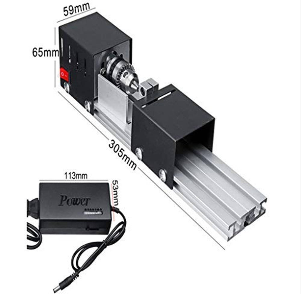 Small wood lathe machine with black headstock, threaded spindle, and metal rails