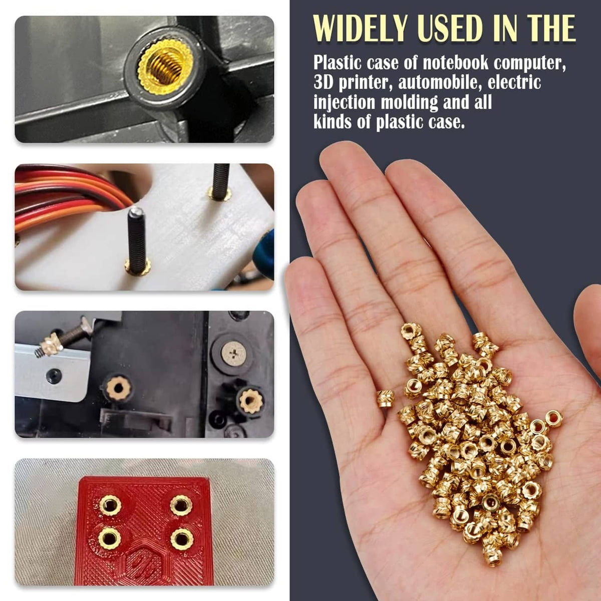 Brass knurled threaded insert nuts held in a hand, small circular flanged heads