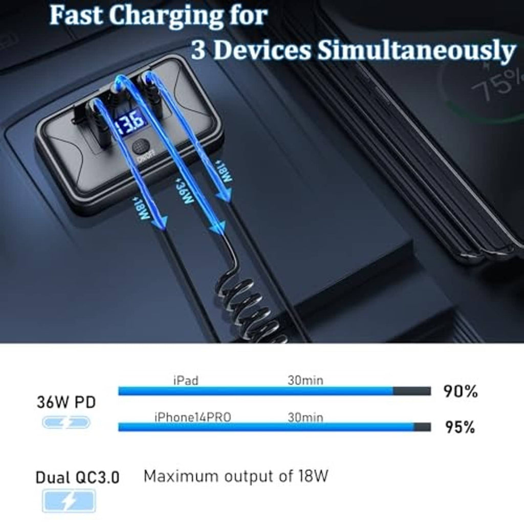 Black wall mount dual USB outlet panel with blue illuminated display and charging cables