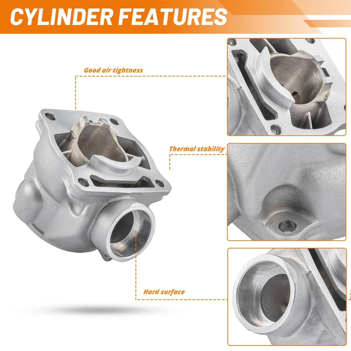 Metal cylinder assembly shown with integrated piston and cutaway detail highlights