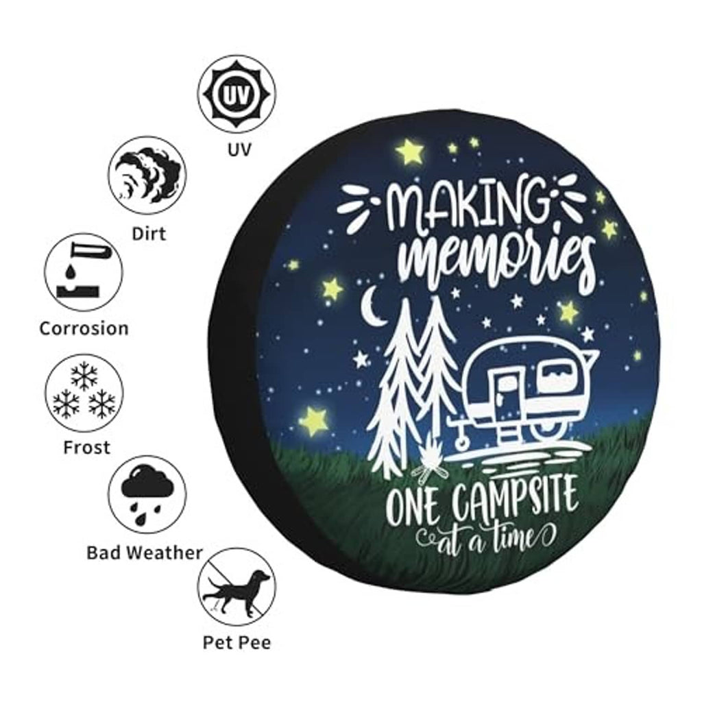 Spare tire cover protection icons: UV, dirt, corrosion, frost, bad weather, pet pee