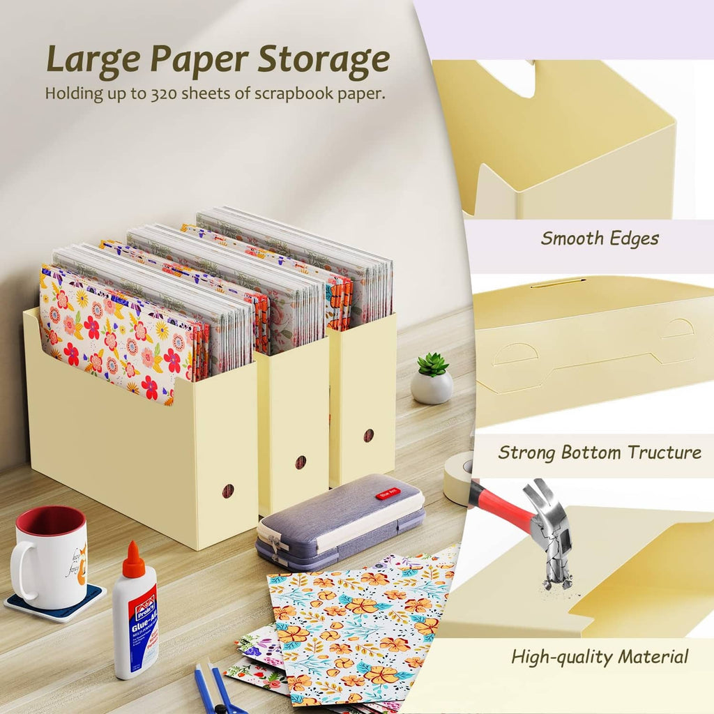Light yellow scrapbook paper storage organizer holding multiple stacked paper sheets