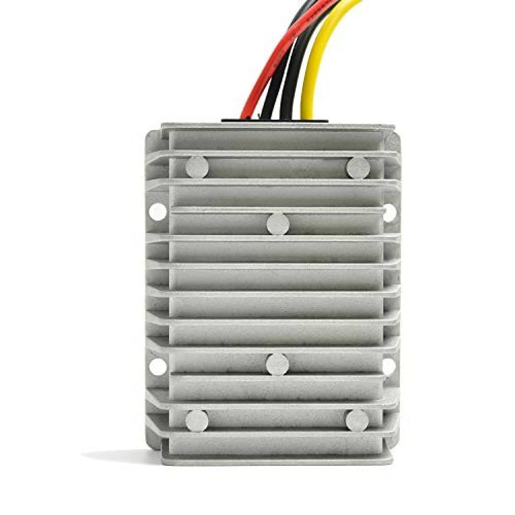DC step-down converter with finned metal heat sink and cable wires exiting at top