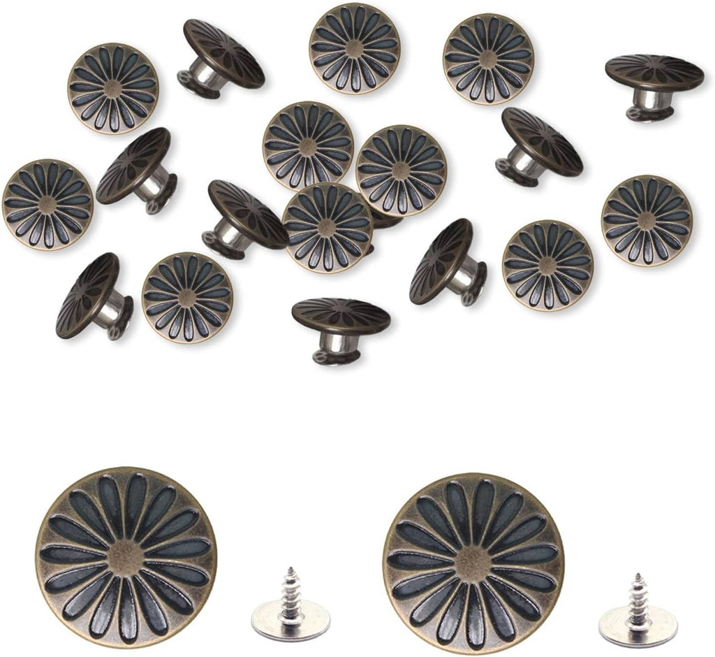 20-piece metal snap button set with bronze daisy fronts and backing nails