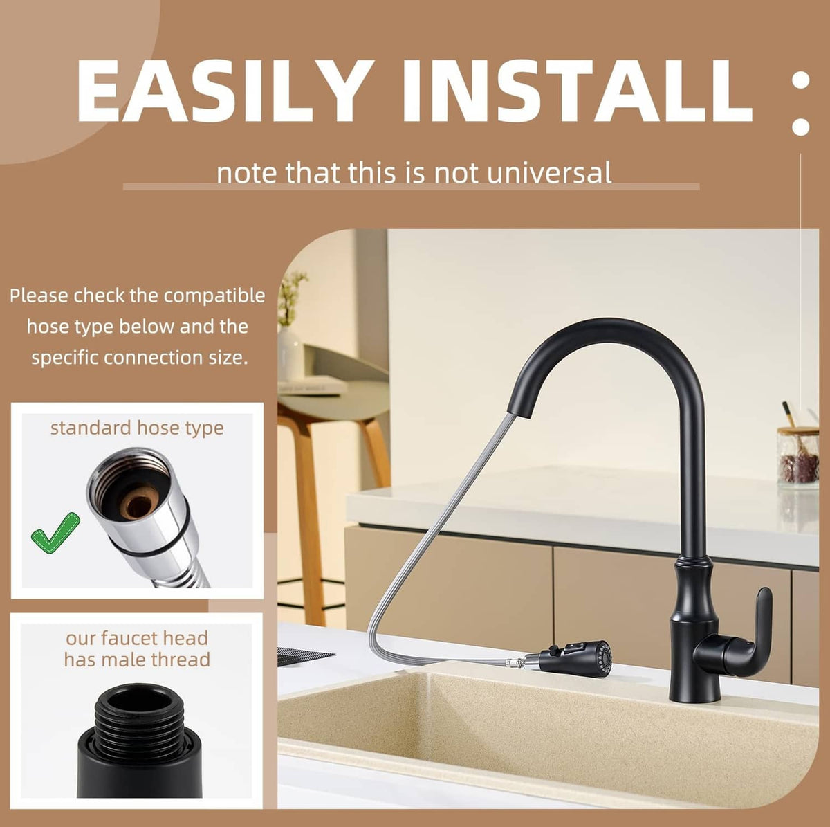 Matte black pull-down kitchen faucet with sprayer head and flexible hose connection