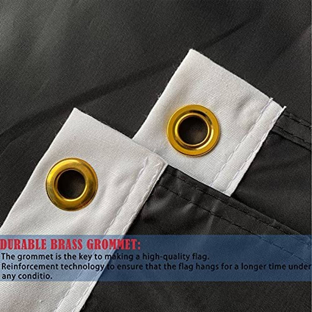 Black flag header with brass grommets and reinforced stitched edge for hanging.