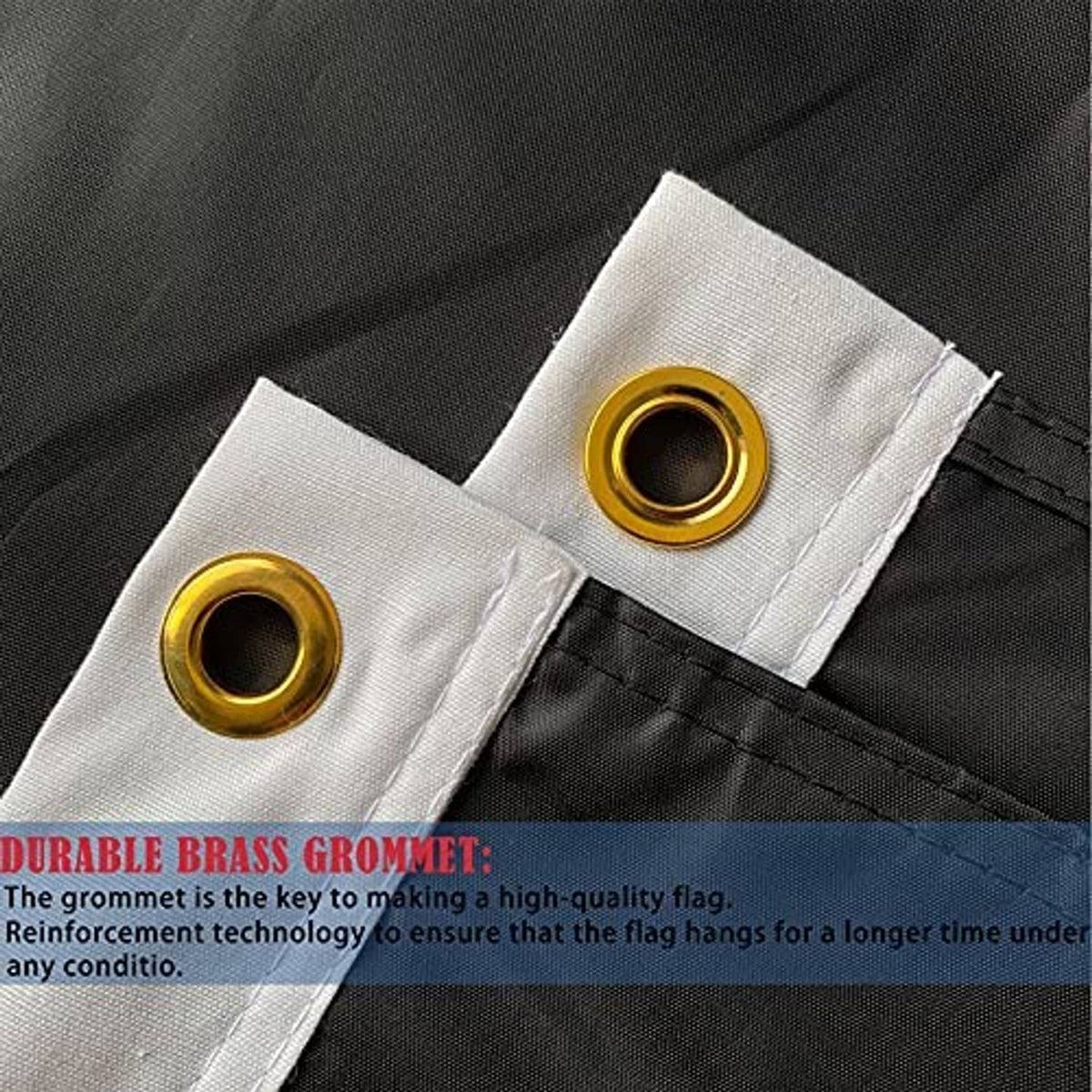 Black flag header with brass grommets and reinforced stitched edge for hanging.