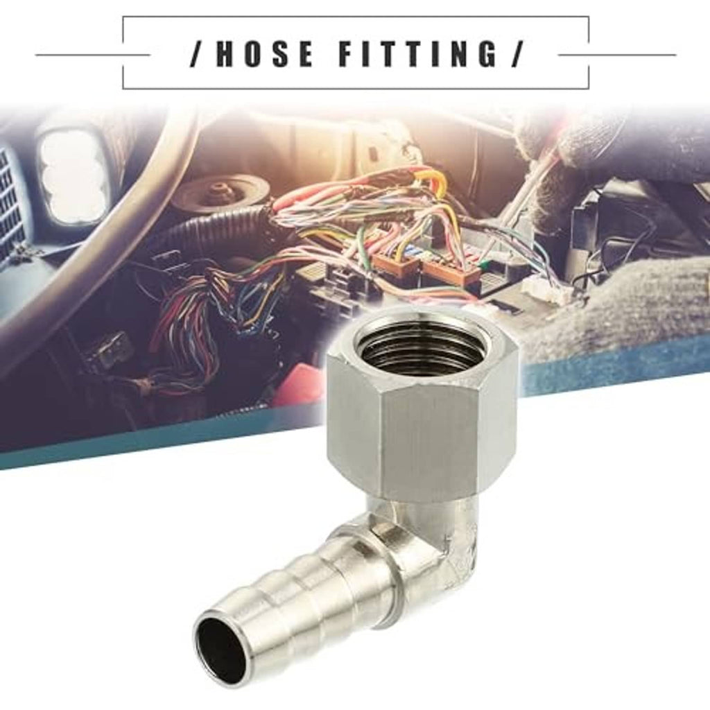 90-degree metal hose adapter fitting with threaded hex end and angled barbed hose connector