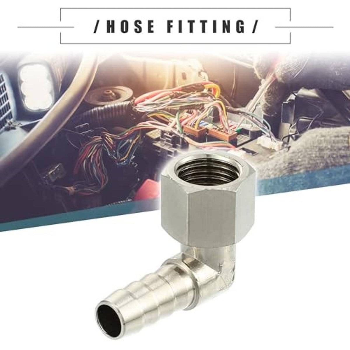 90-degree metal hose adapter fitting with threaded hex end and angled barbed hose connector
