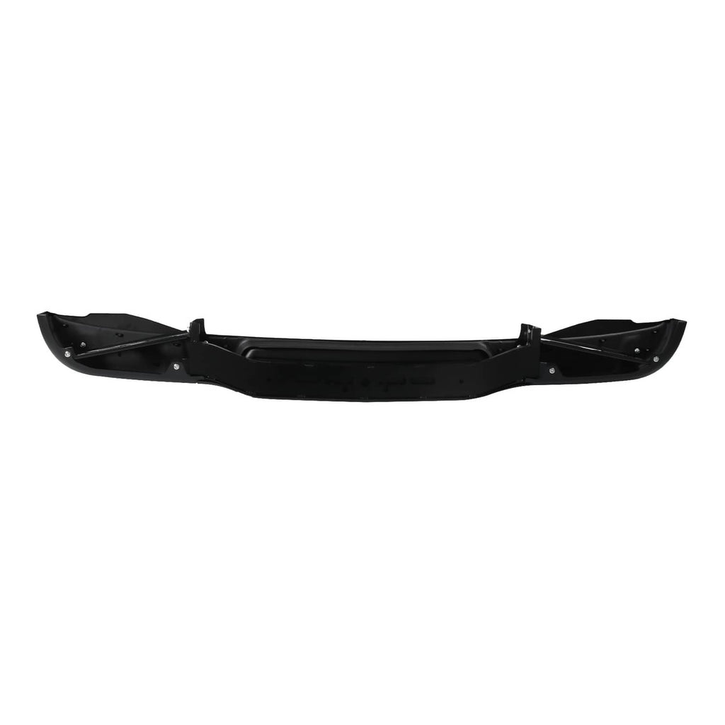 Black rear step bumper assembly, front view with side end caps and mounting points