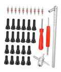 Valve stem puller tool set with black valve cores and metal tools with red handles