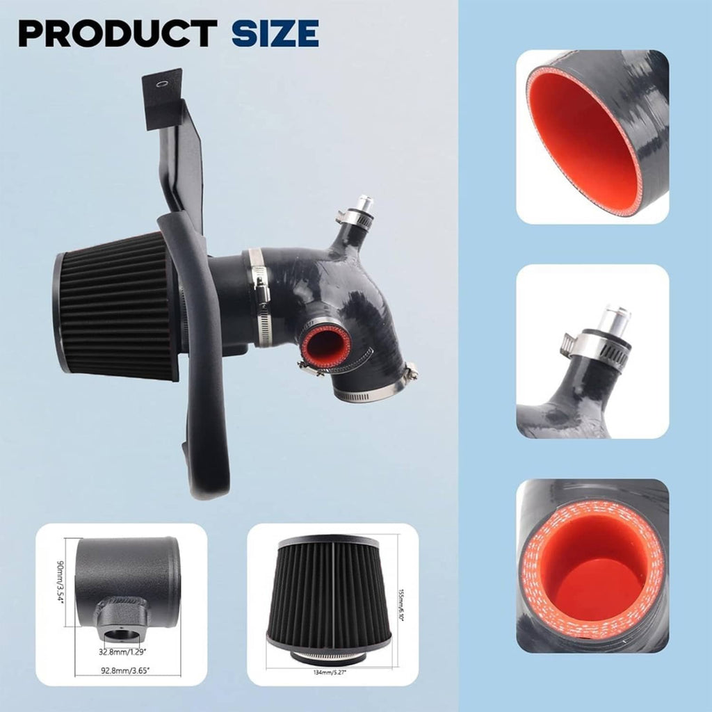Black cold air intake kit with cone filter, intake duct, and red outlet