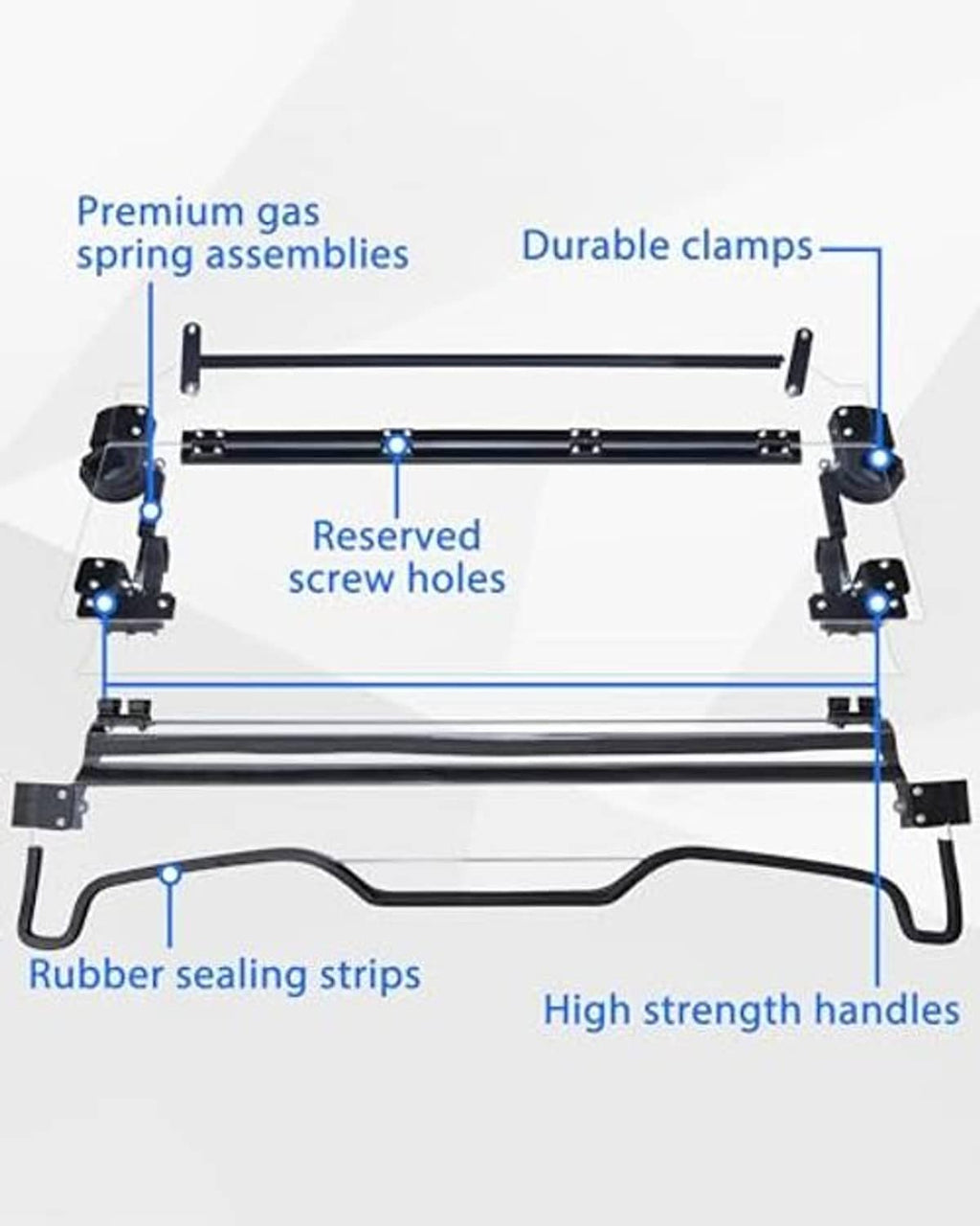 Windshield mounting kit with durable clamps, rubber sealing strips, and handles