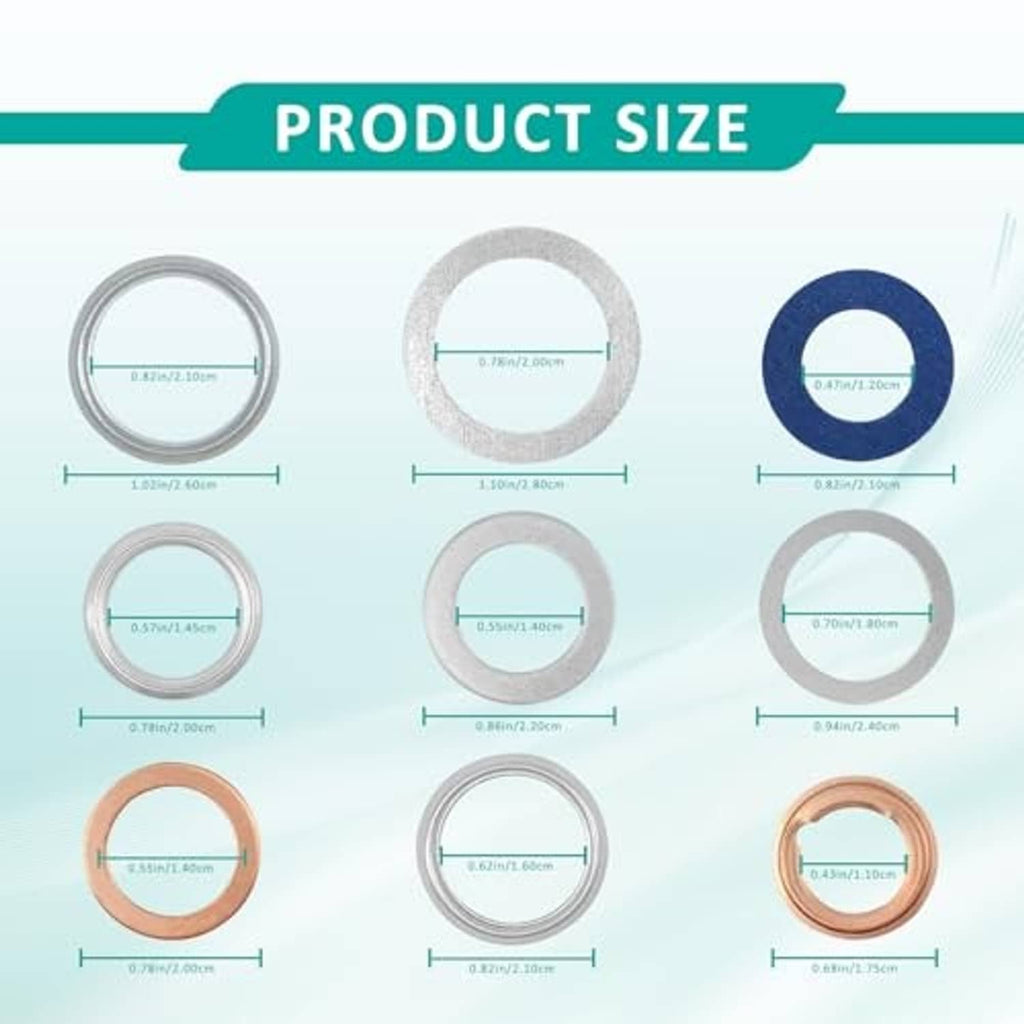 Oil drain plug gasket size chart showing multiple circular gasket rings in gray and blue