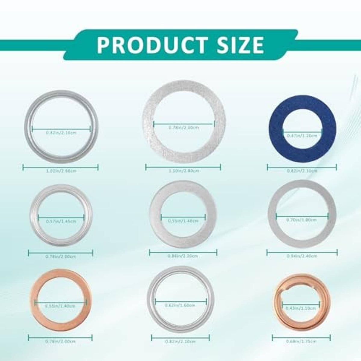 Oil drain plug gasket size chart showing multiple circular gasket rings in gray and blue
