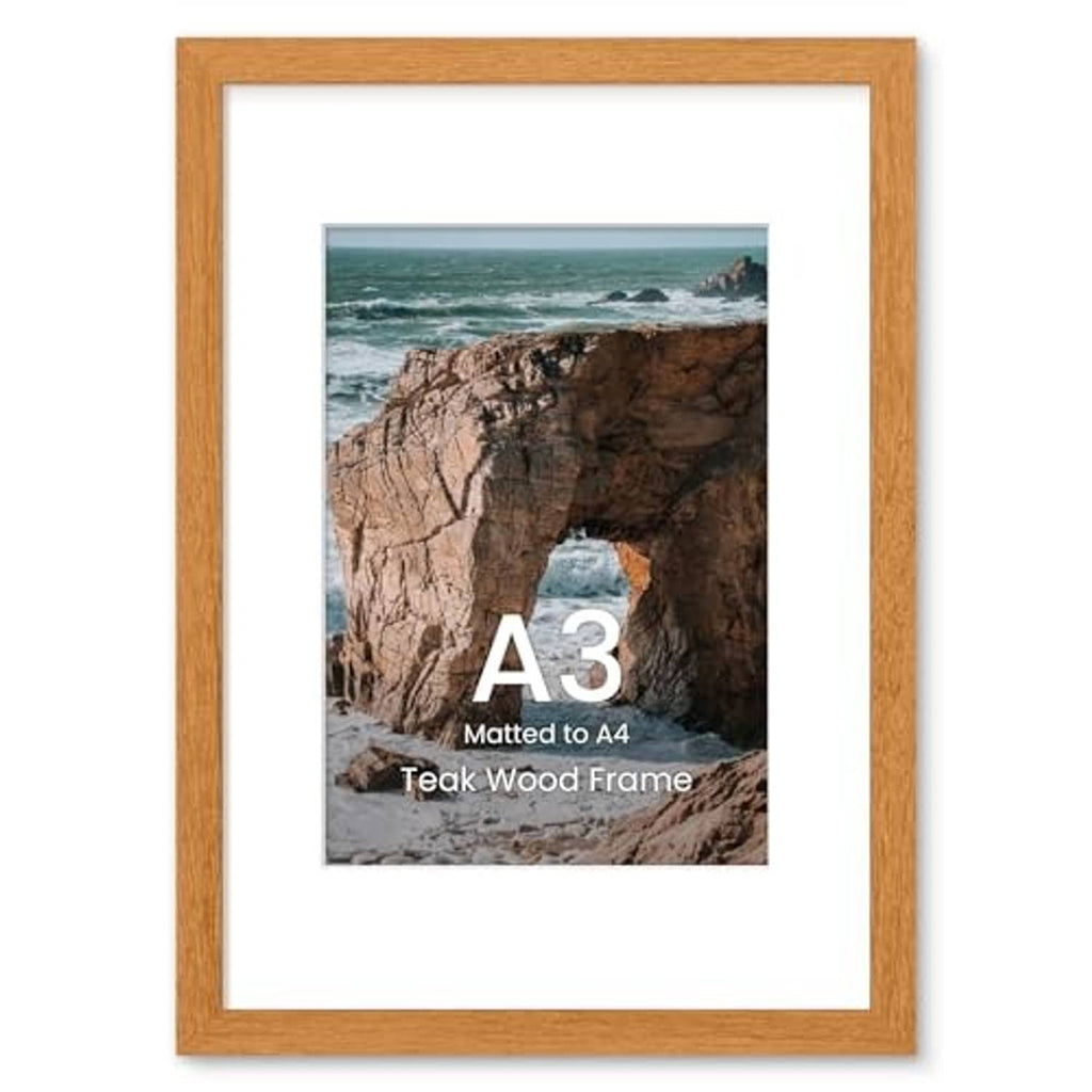 Teak wood A3 picture frame with white mat and landscape photo behind glass