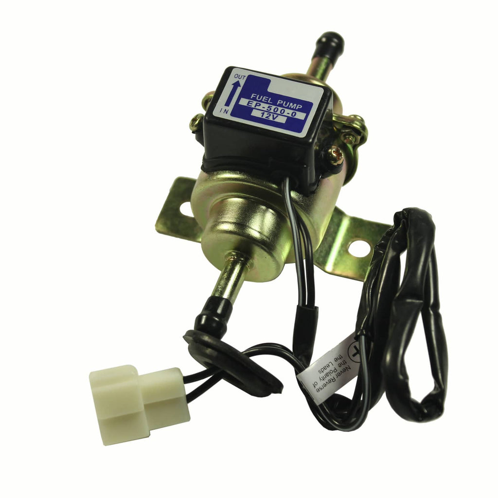 Electric fuel pump with blue label on black module, gold housing, and wiring harness