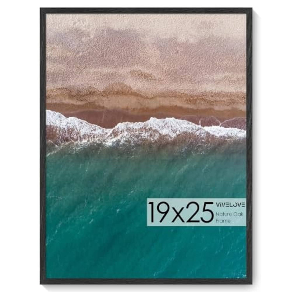 Black wood picture frame with ocean landscape print, size 19x25.