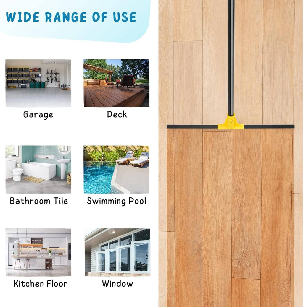 Floor squeegee with black blade and yellow handle for cleaning hard floors