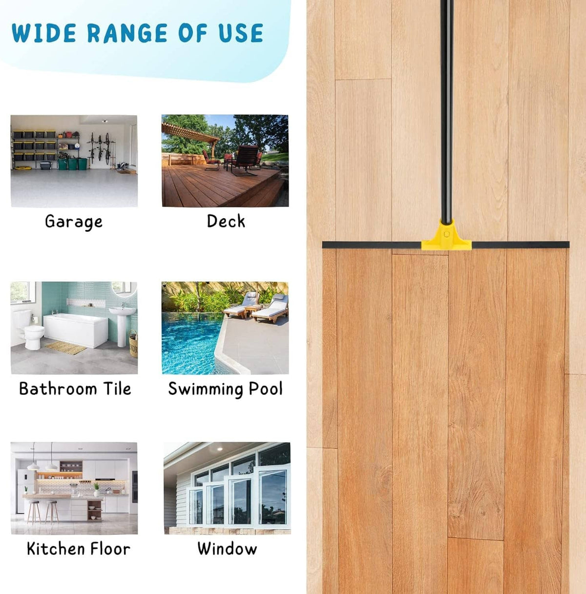 Floor squeegee with black blade and yellow handle for cleaning hard floors