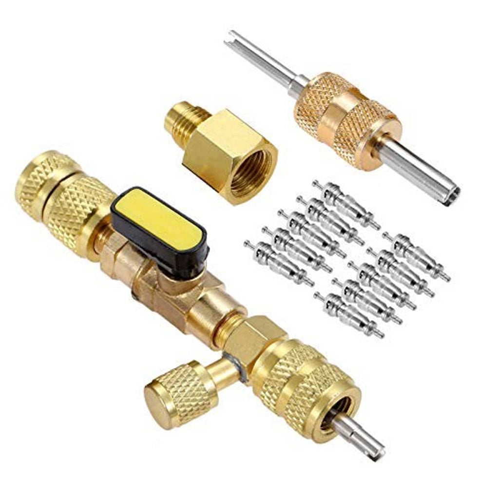 Brass valve core remover installer tool kit with yellow lever, shaft, and small screws