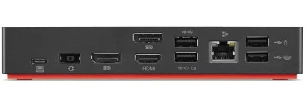 Black ThinkPad USB-C dock with HDMI, USB, and network ports