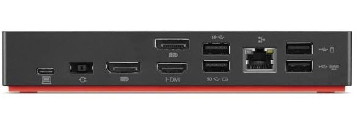 Black ThinkPad USB-C dock with HDMI, USB, and network ports