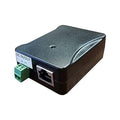 High PoE injector splitter with RJ45 ports and green terminal, dark blue enclosure